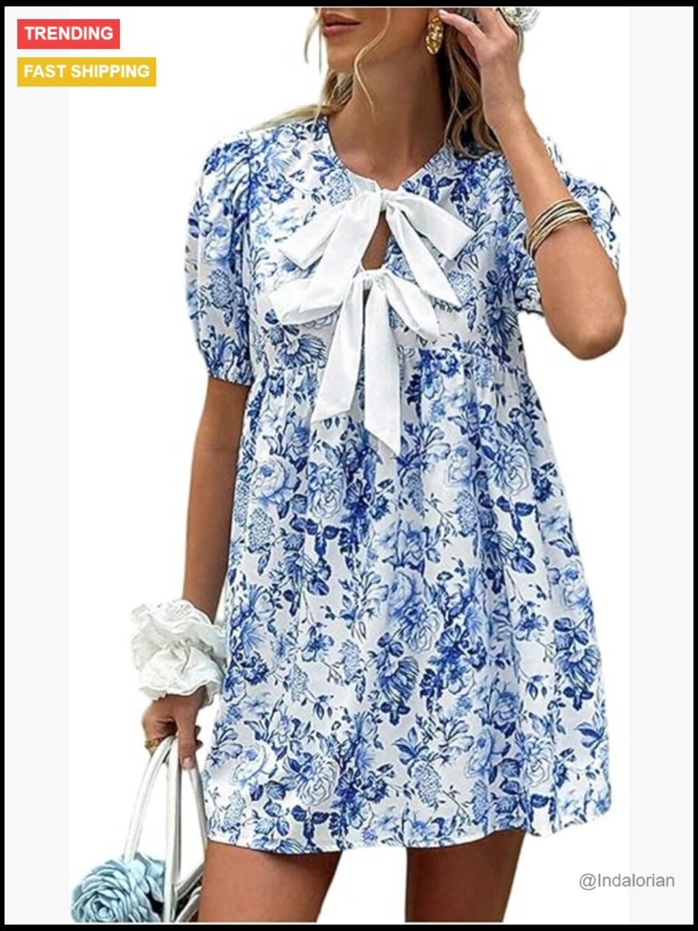 Floral Mini Dress With Bow Tie Front Puff Short Sleeve Babydoll